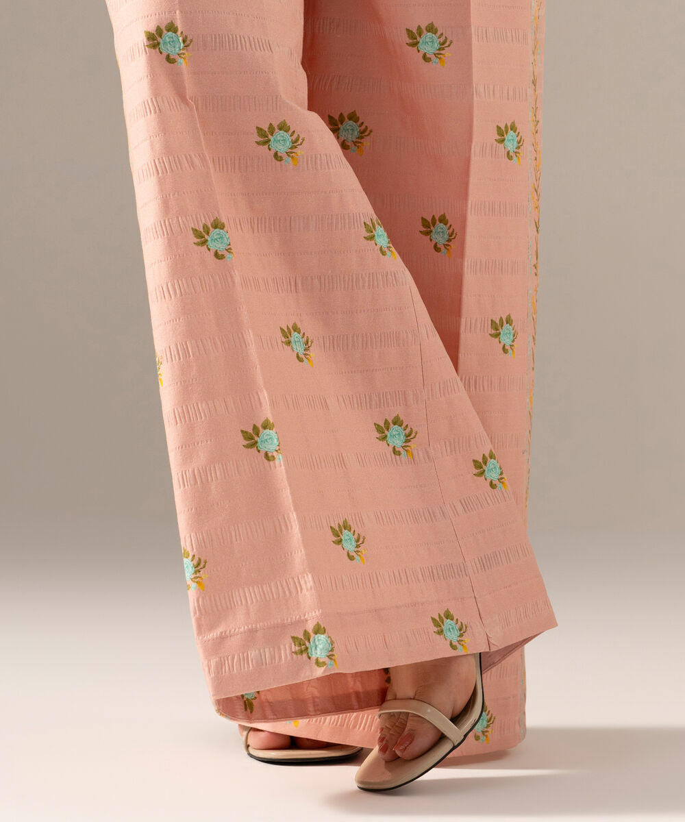 Women's RTW Seersucker Printed Pink Flared Pants