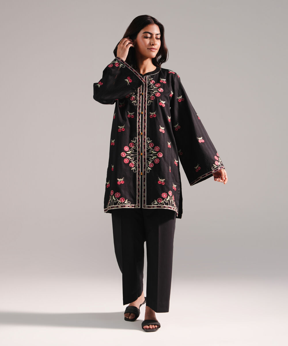 Women's RTW Dobby Embroidered Black 2 Piece Suit