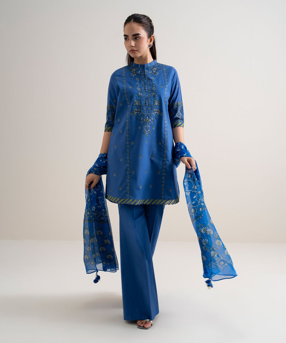 Women's Unstitched Fine Cotton Satin Embroidered Blue