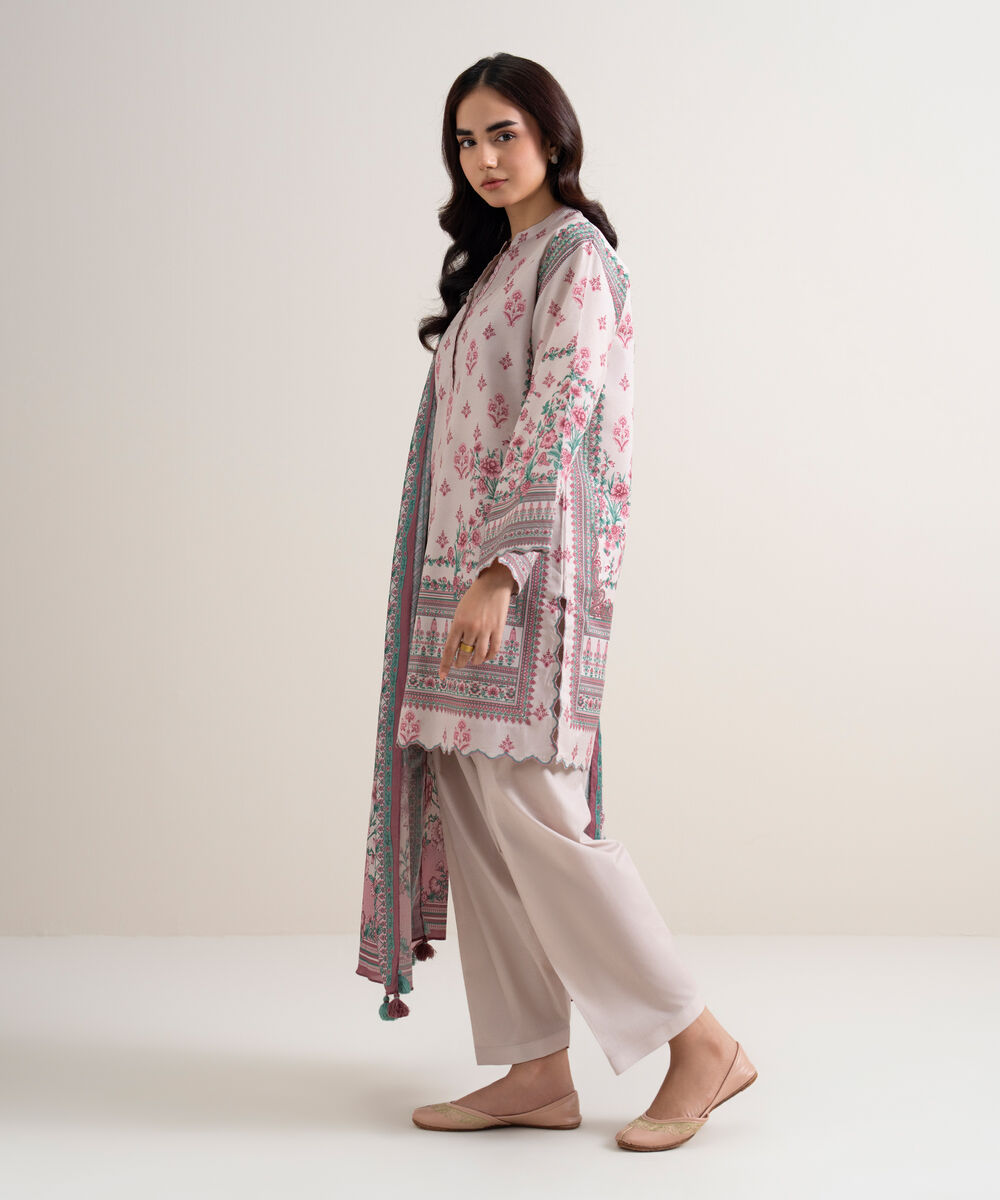 Women's Unstitched Lawn Printed Pink 3 Piece Suit