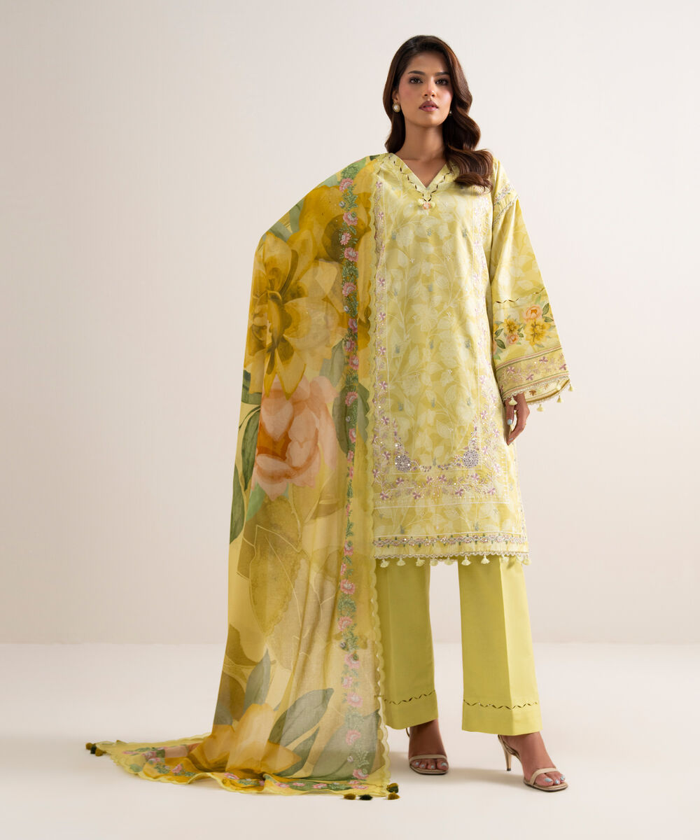 Women's Unstitched Lawn Embroidered Yellow  3 Piece Suit