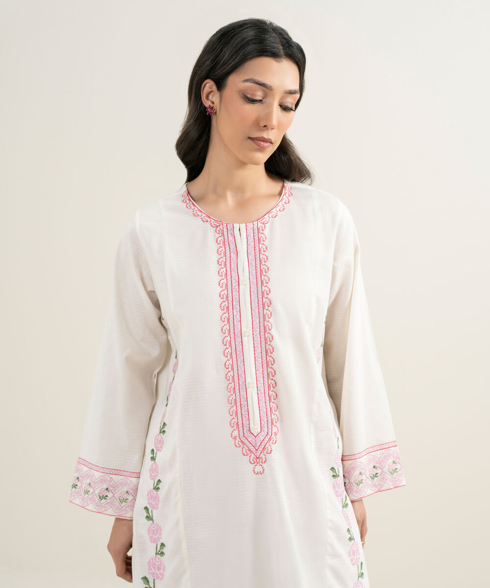 Women's RTW Dobby Embroidered Off White Straight Shirt