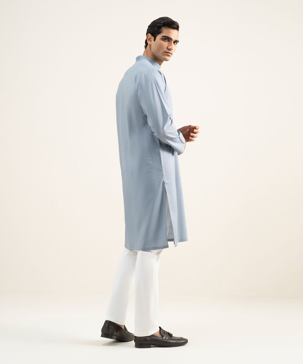 Men's Stitched Cotton Jacquard Grey Kurta