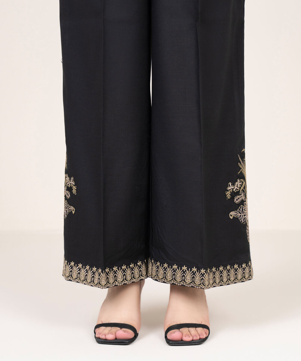Women's RTW Cotton Viscose Embroidered Black Culottes