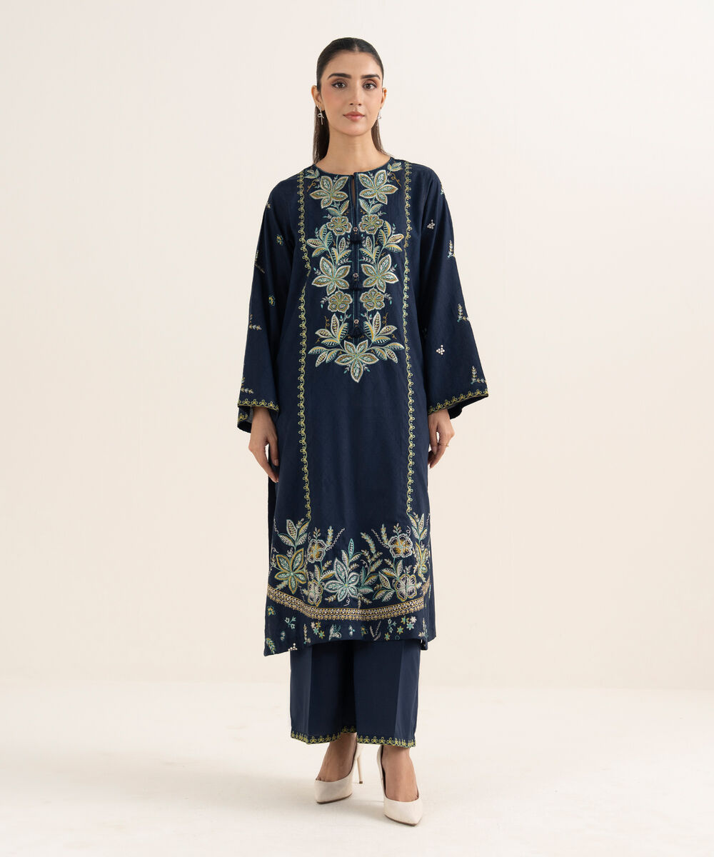Women's RTW Self Jacquard Embroidered A-Line Blue Shirt