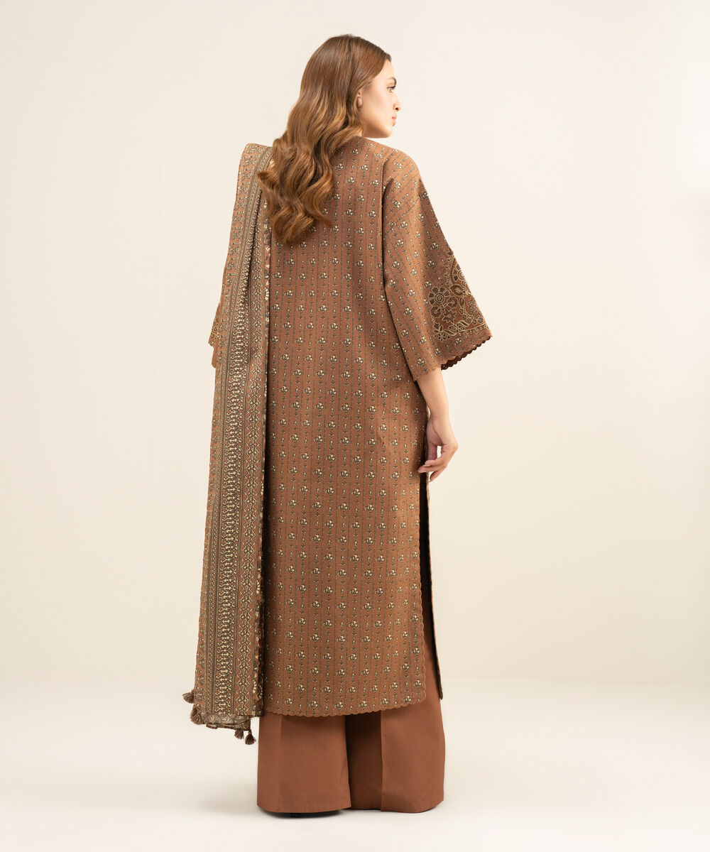 Women's Unstitched Lawn Embroidered Brown 3 Piece Suit