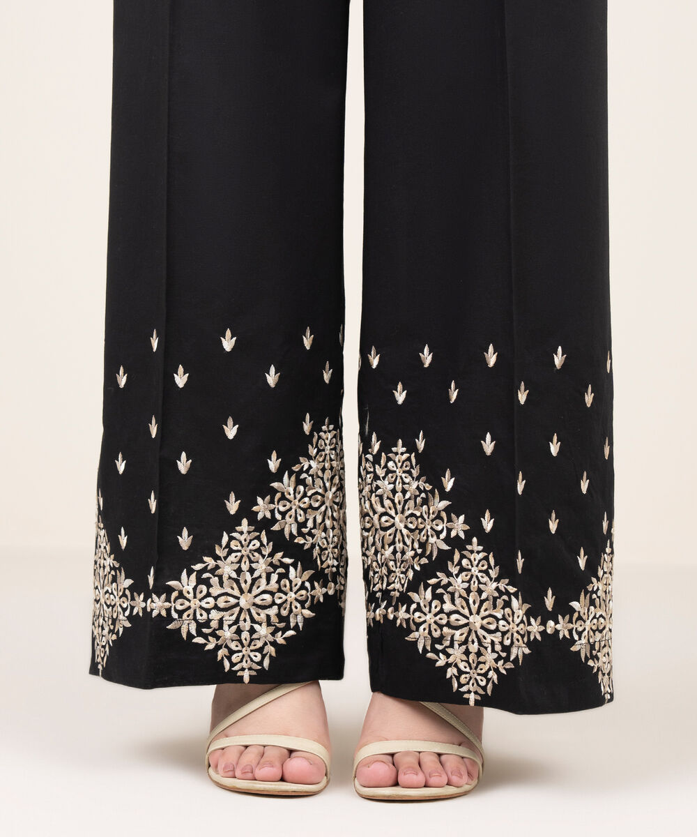 Women's RTW Cotton Embroidered Black Culottes