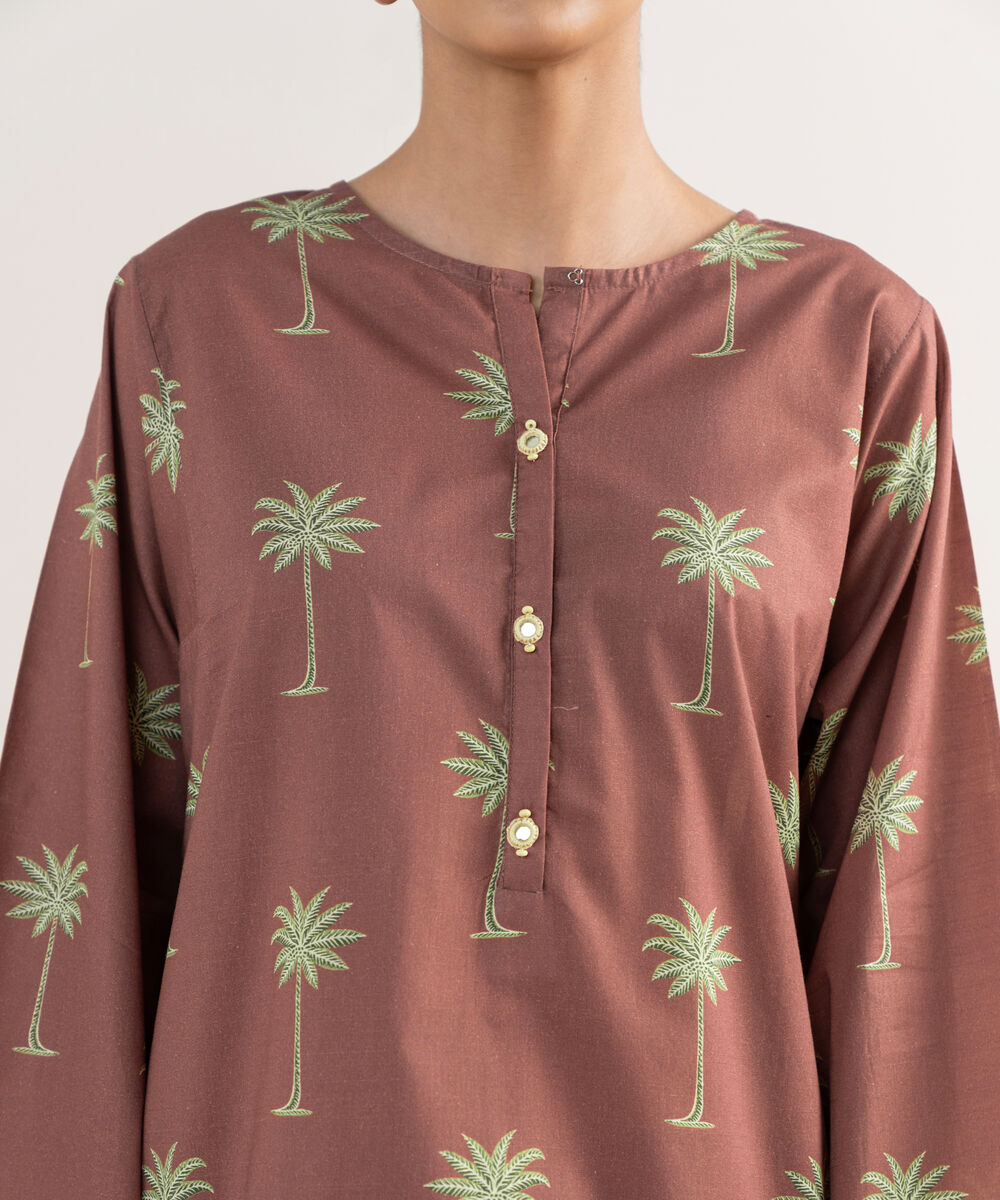 Women's RTW Textured Lawn Brown Printed A-Line Shirt