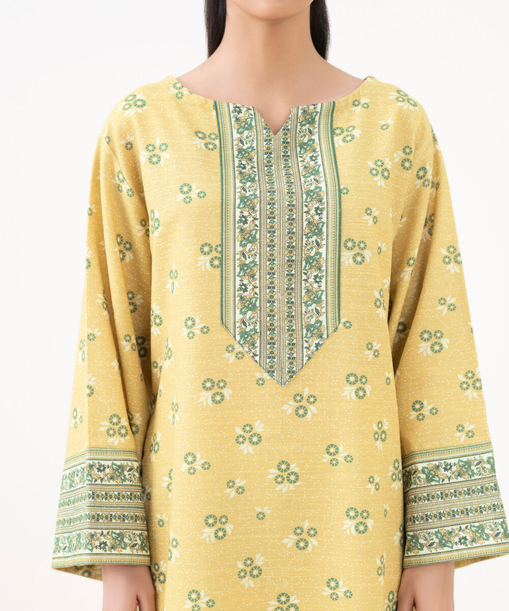 Women's Unstitched Cotton Printed Yellow 2 Piece Suit