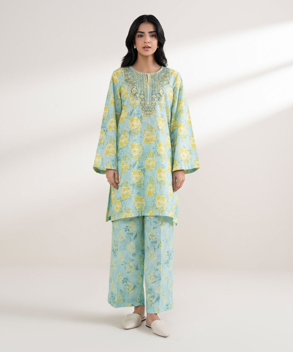 Women's RTW Light Khaddar Embroidered Blue Straight Shirt