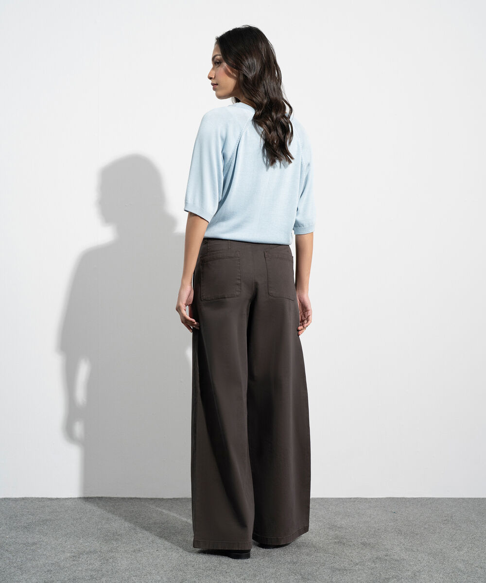 Women's Western Brown Wide Leg Pleated Chino Trousers