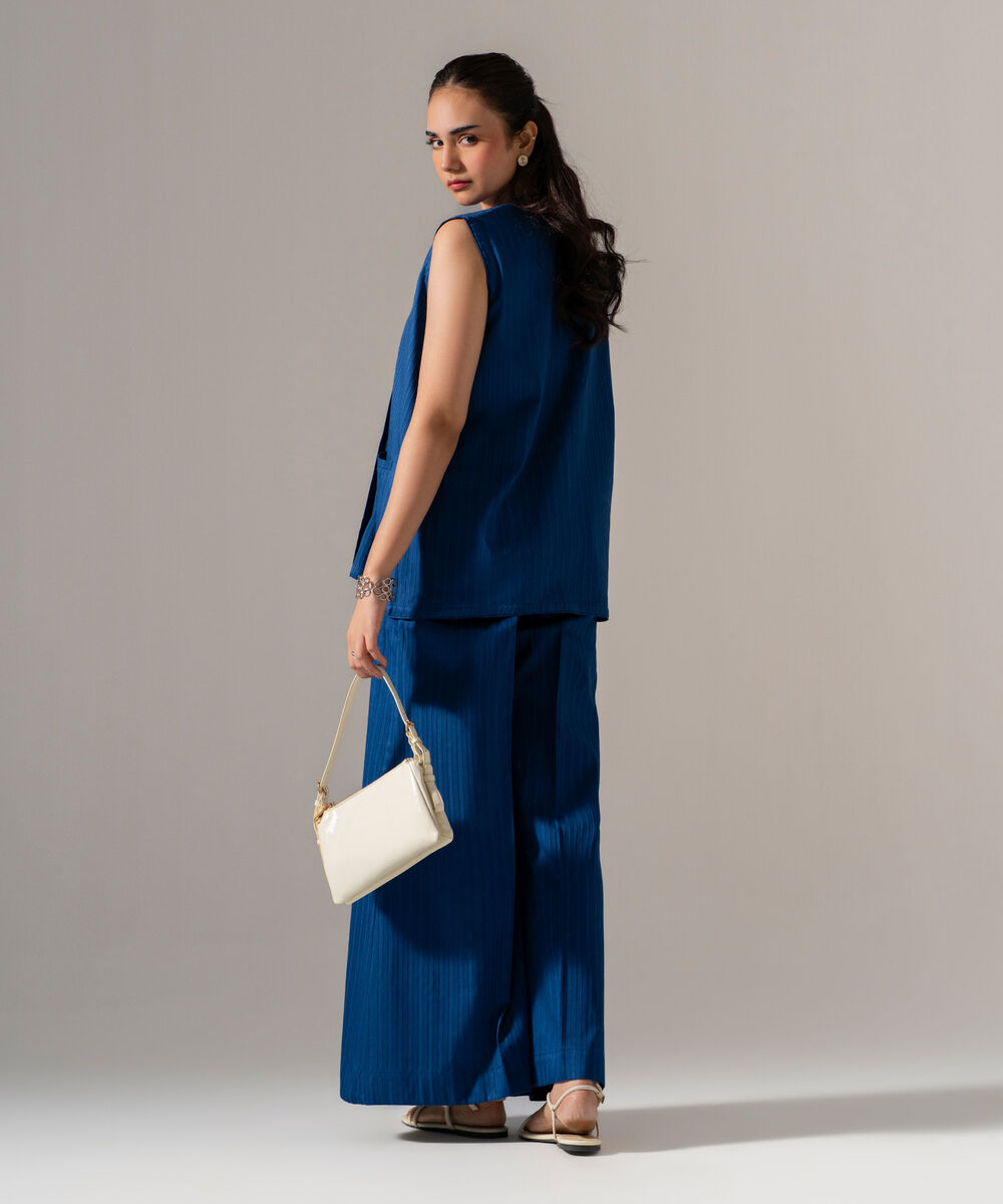 Women's RTW Dobby Strip Solid Blue 2 Piece Suit