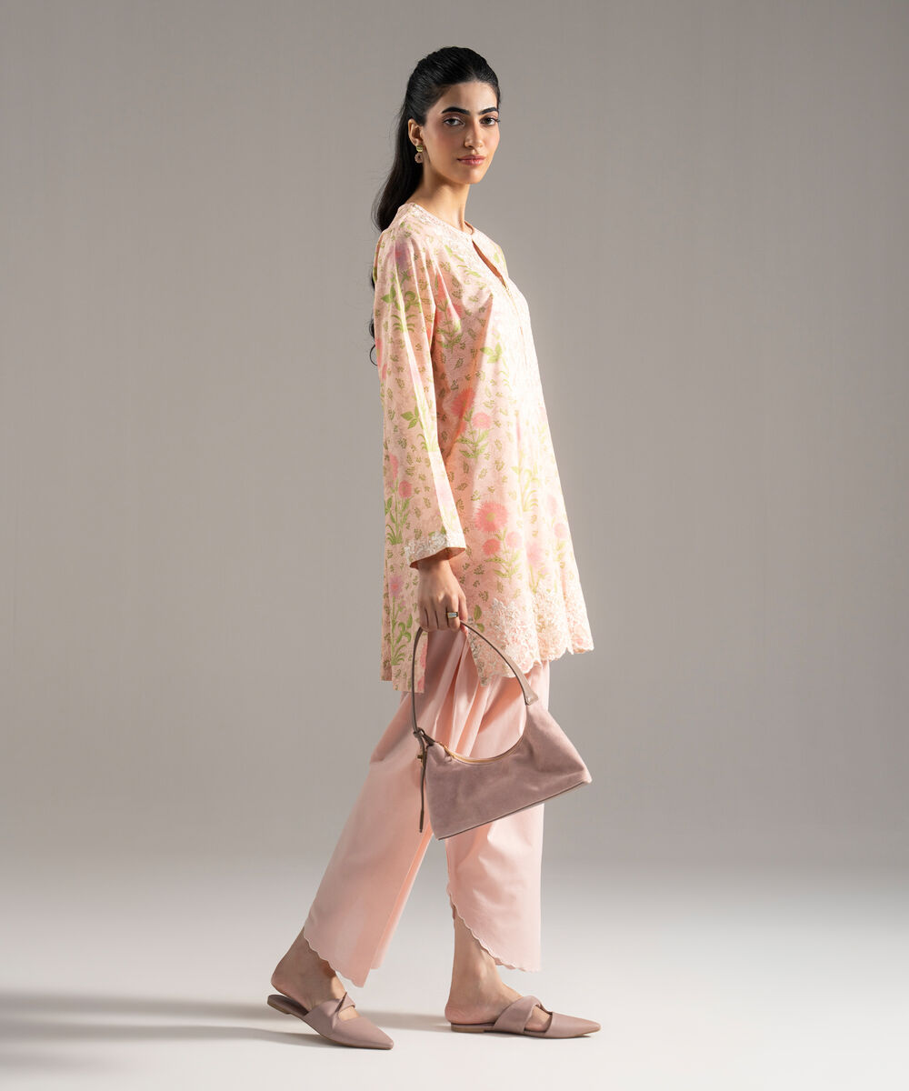 Women's RTW Cotton Viscose Printed Embroidered Pink 2 Piece Suit