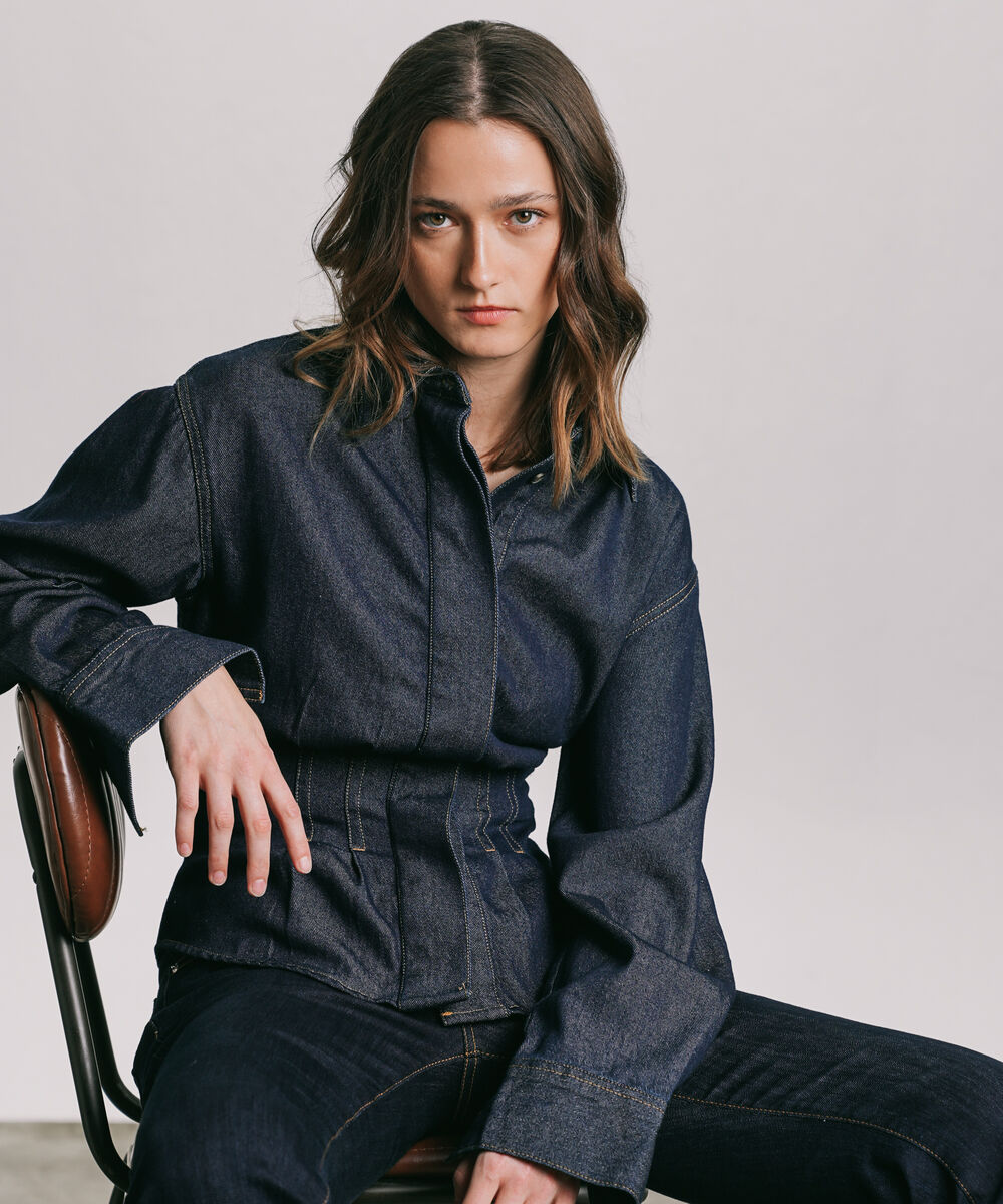 Women's Western Wear Blue Fitted Denim Shirt With Darts