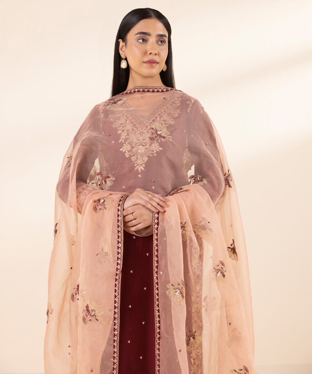 Women's RTW Silk Cotton Net Red Embroidered Three Piece Suit