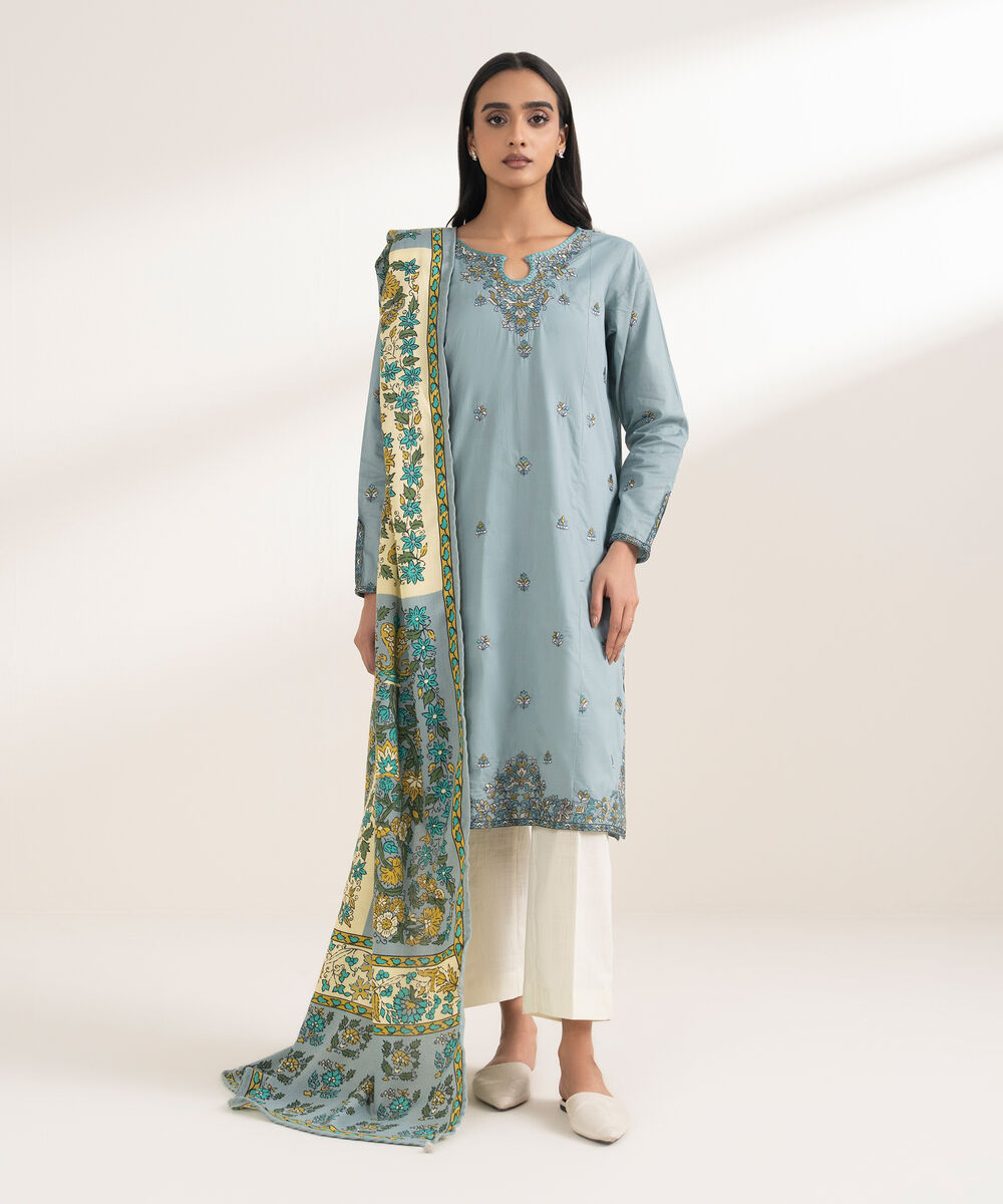 Women's RTW Cotton Embroidered Blue 2 Piece Suit