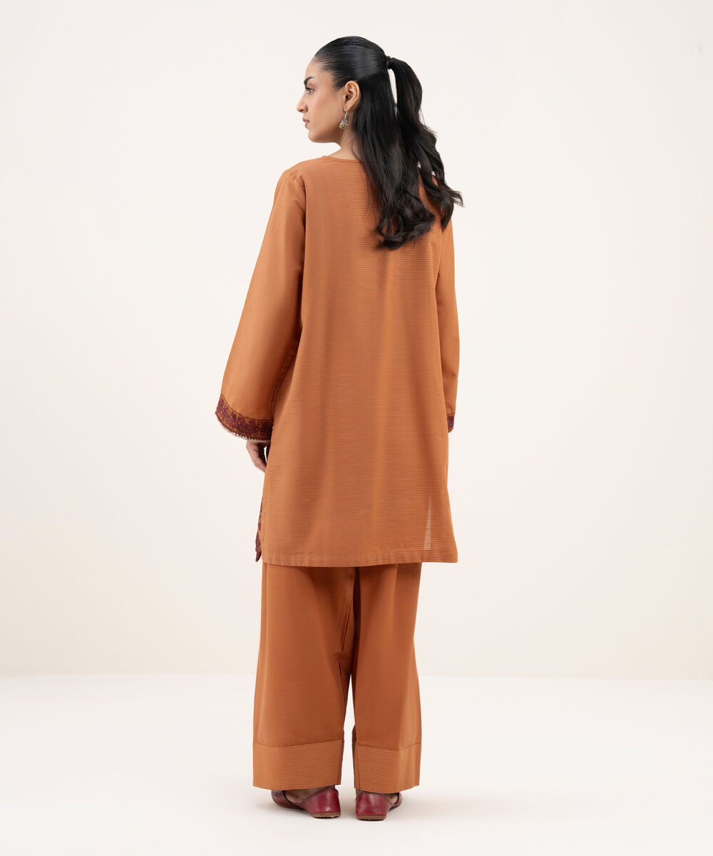 Women's RTW Cotton Embroidered Straight Orange Shirt