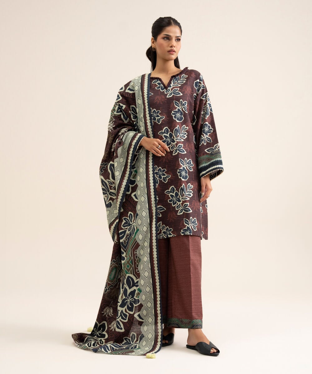 Women's Unstitched Light Khaddar Printed Brown 3 Piece Suit