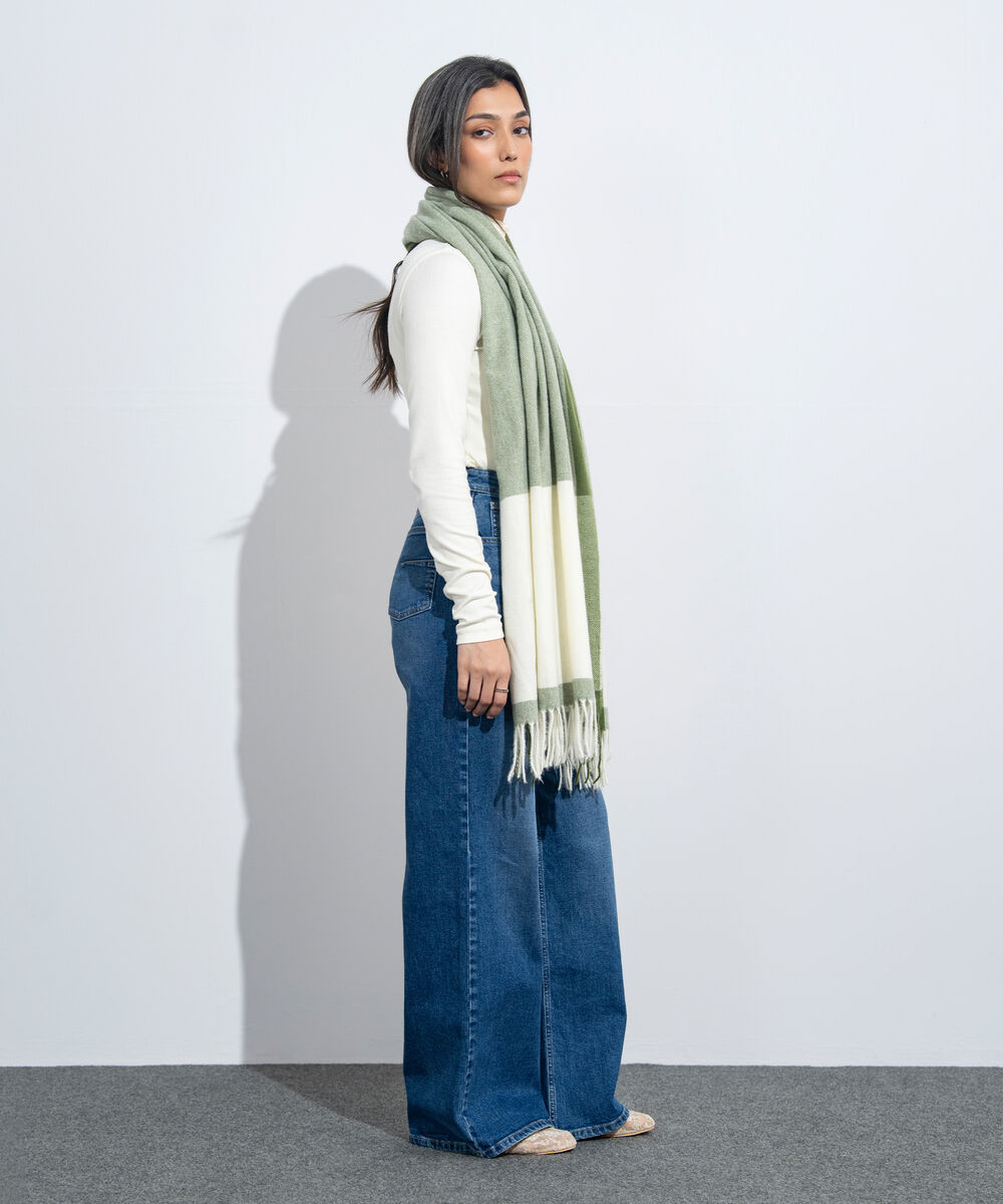 Women's Western Wear Off White & Green Woollen Scarf