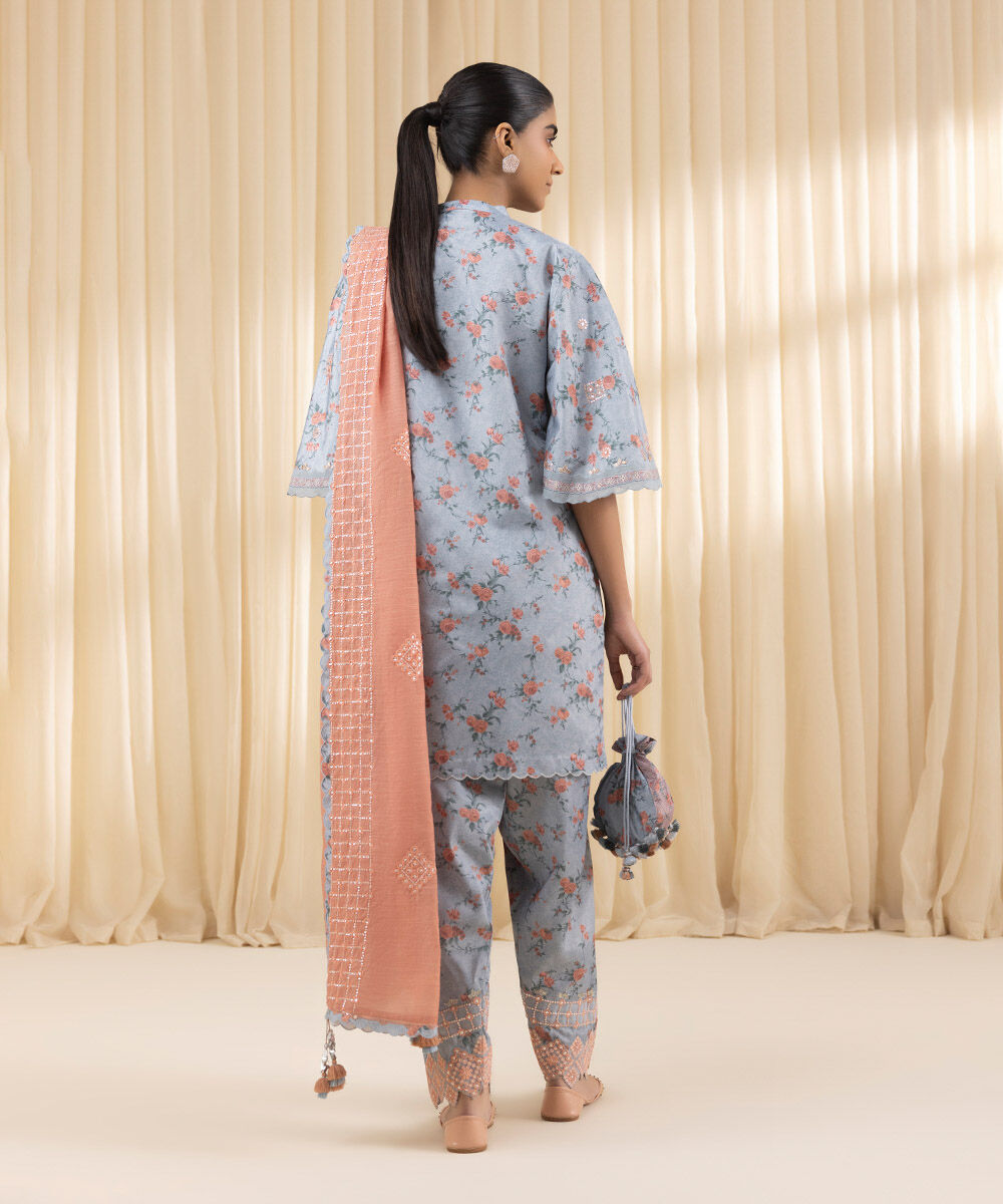 Unstitched Women's Embroidered Blended Grip Silk Blue Three Piece Suit