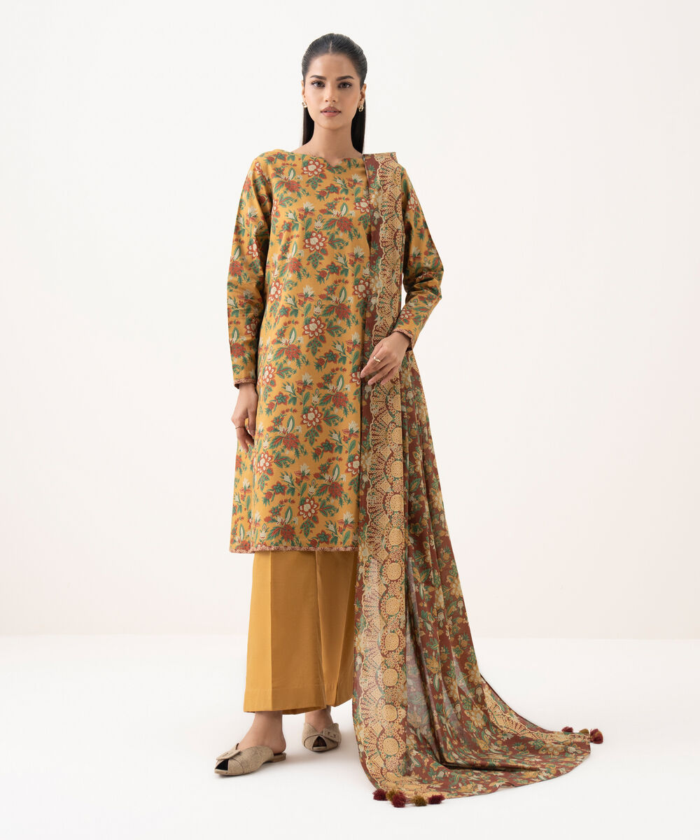 Women's Unstitched Cotton Printed Multi Three Piece Suit