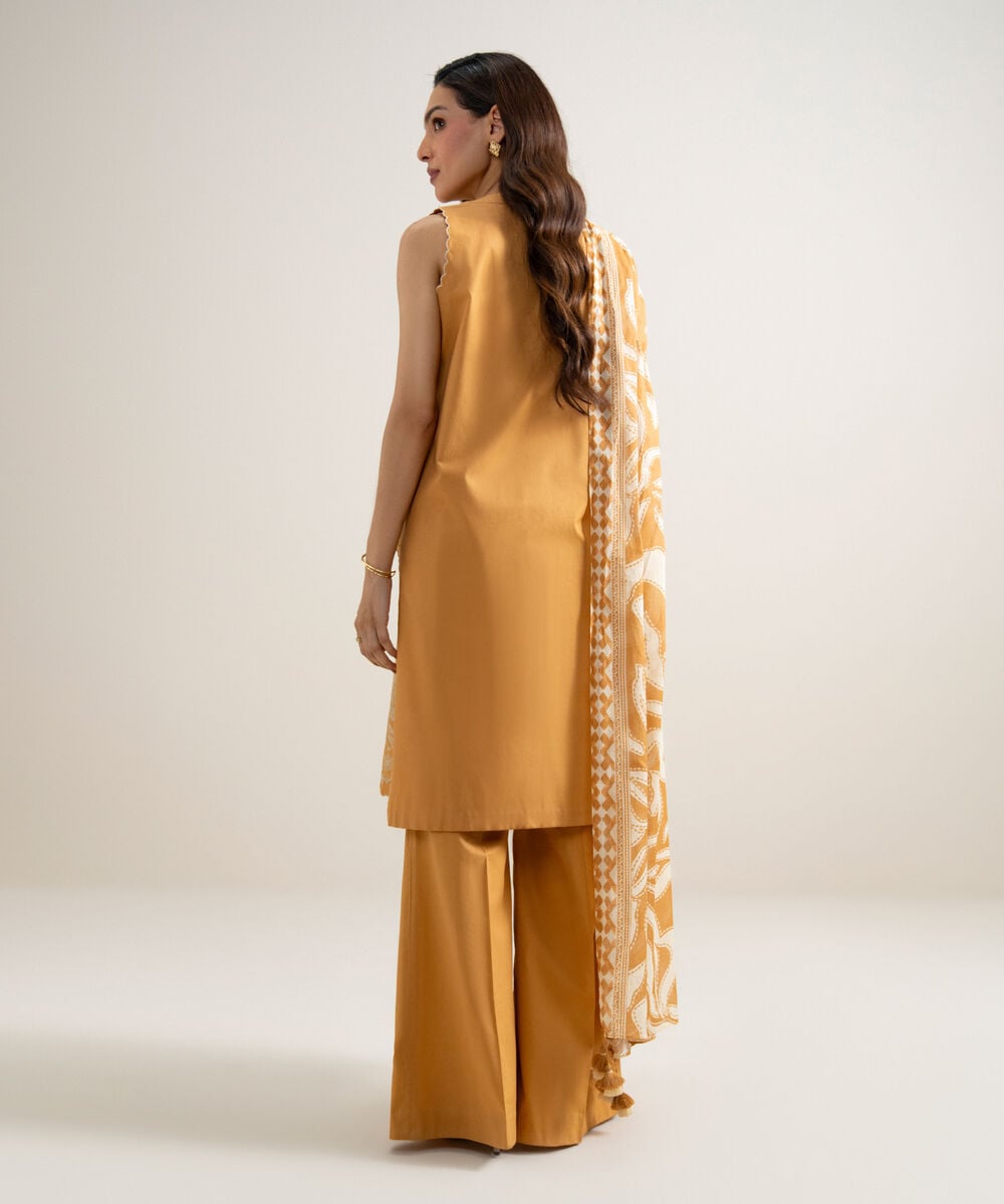 Women's Unstitched Lawn Embroidered Mustard Yellow  3 Piece Suit