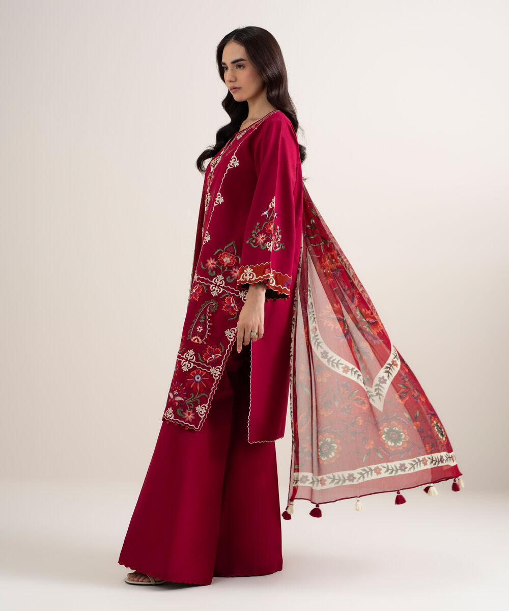 Women's Unstitched Dobby Embroidered Red 3 Piece Suit