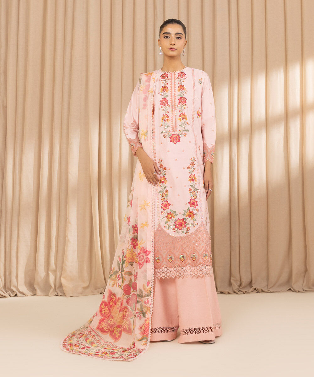 Women's Unstitched Embroidered Cotton Net Light Pink 3 Piece Suit