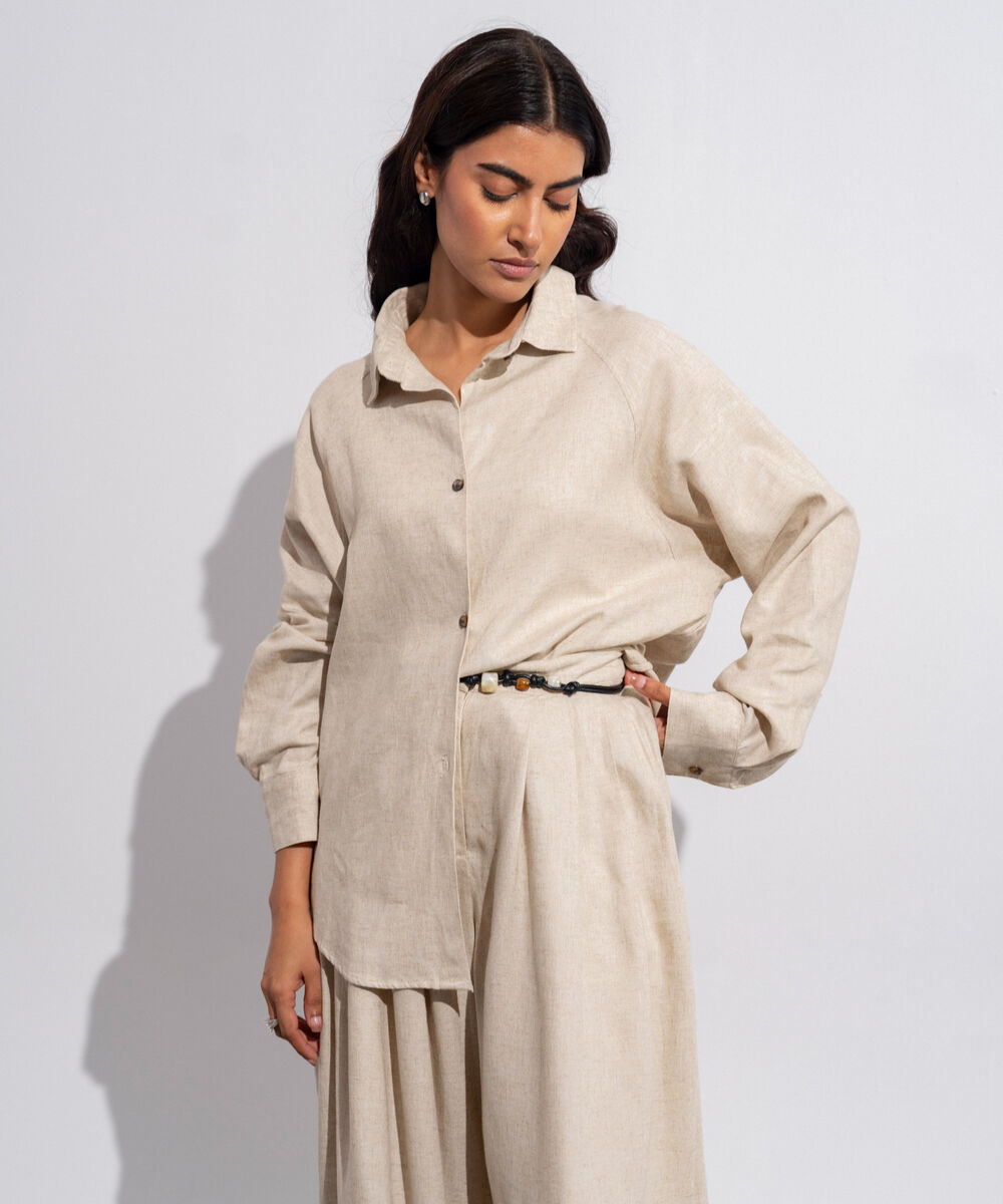Women's Western Wear Woven Linen Beige Shirt