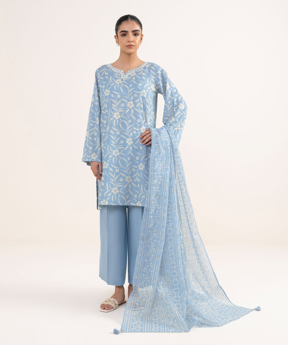 Women's RTW Textured Lawn Blue Embroidered A-Line Shirt