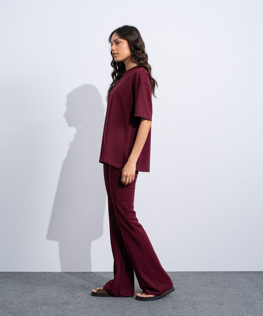 Women's Western Burgundy Stretchy Flared Trousers