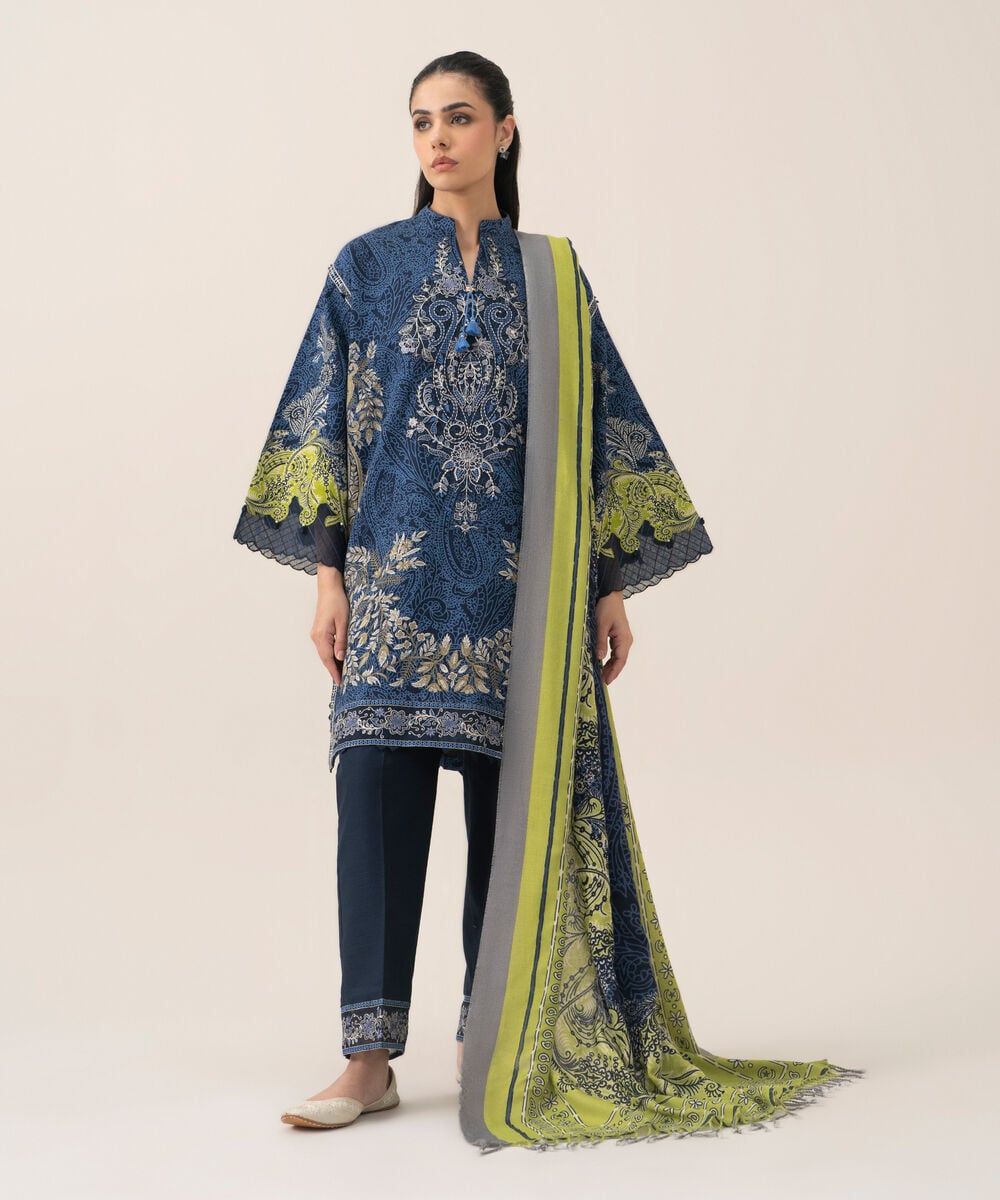 Women's Unstitched Cotton Printed Blue 3 Piece Suit