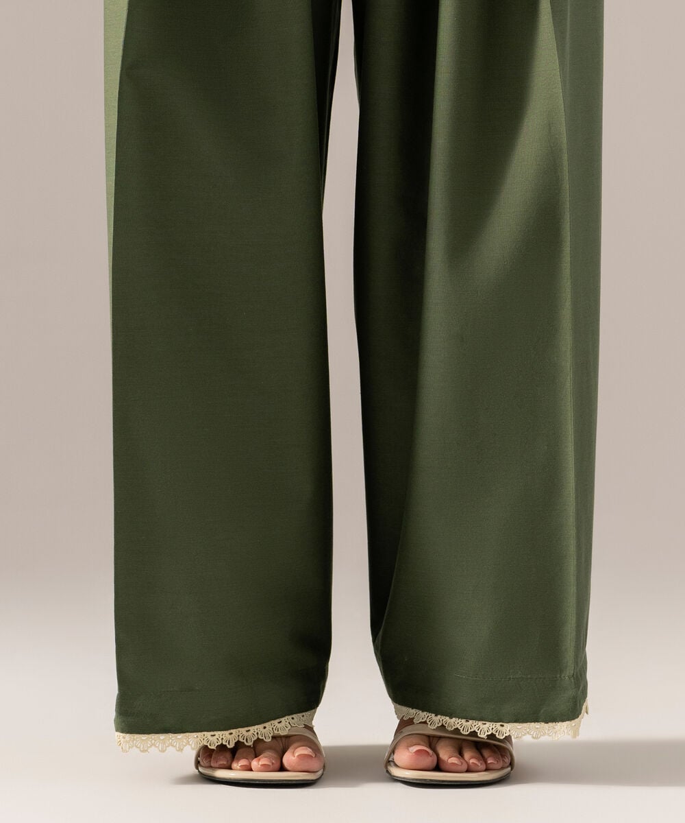 Women's RTW Solid Green Cotton Viscose Farshi Shalwar