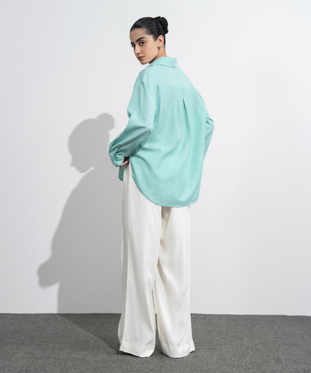 Women's Western Wear Green Loose-Fit Oxford Shirt