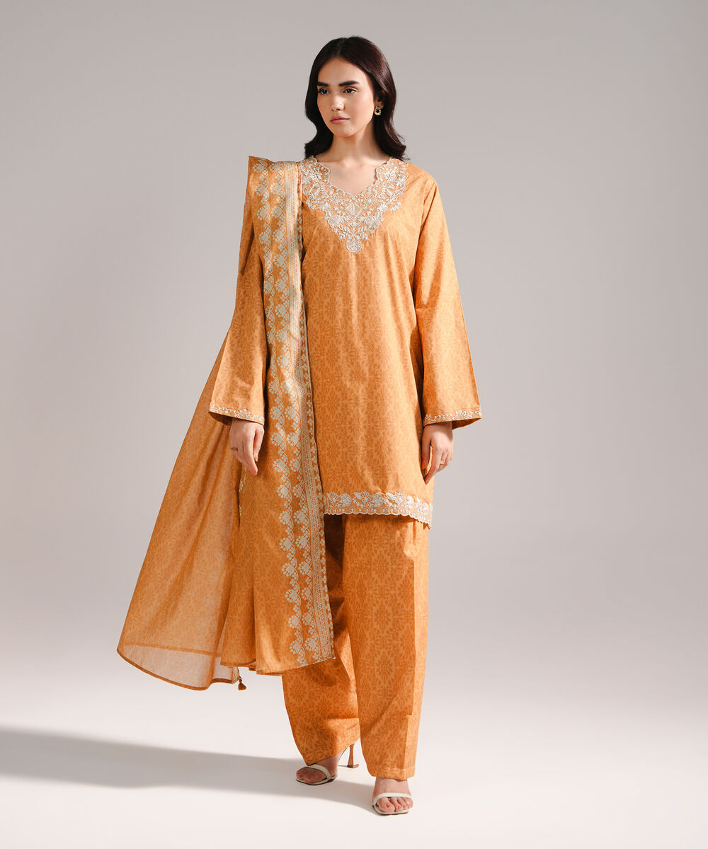 Women's RTW Lawn Embroidered Orange 3 Piece Suit