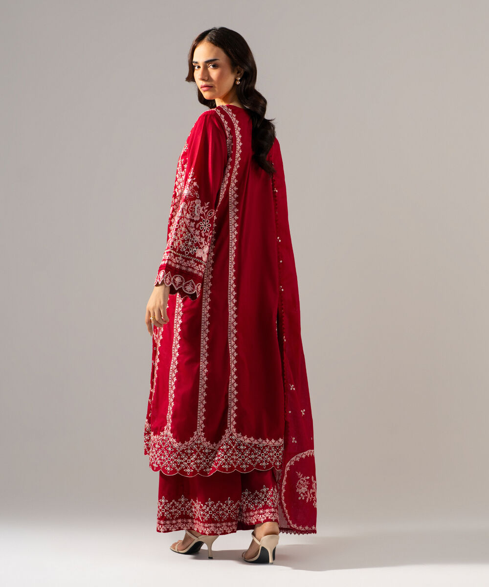 Women's RTW Lawn Solid Embroidered Maroon 3 Piece Suit