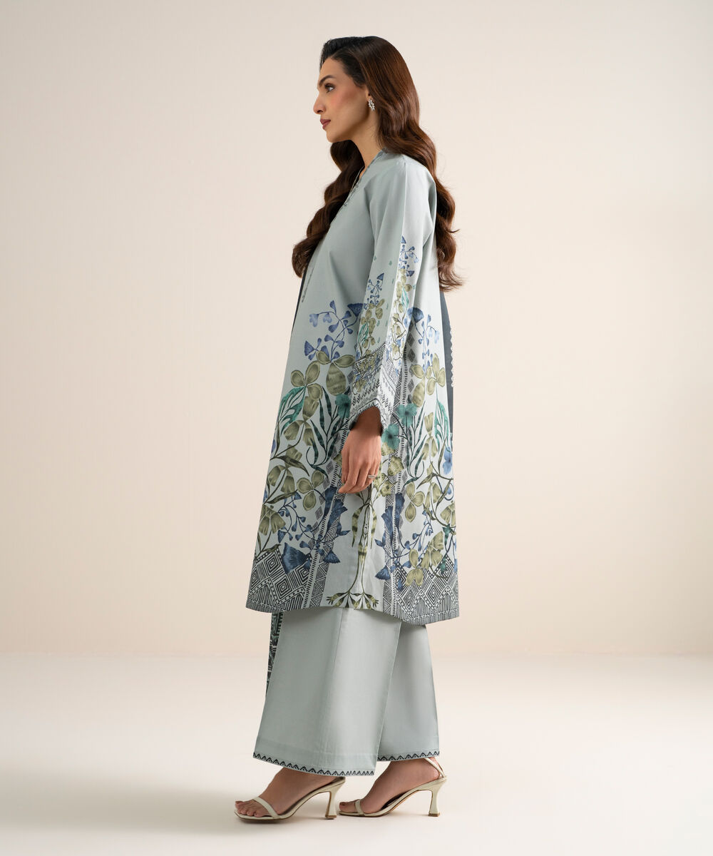 Women's Unstitched Cotton Printed Bluish Grey 3 Piece Suit