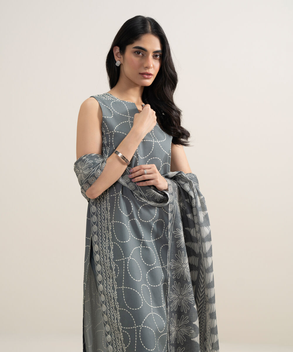Women's Unstitched Lawn Printed Grey and Off White 2 Piece Suit