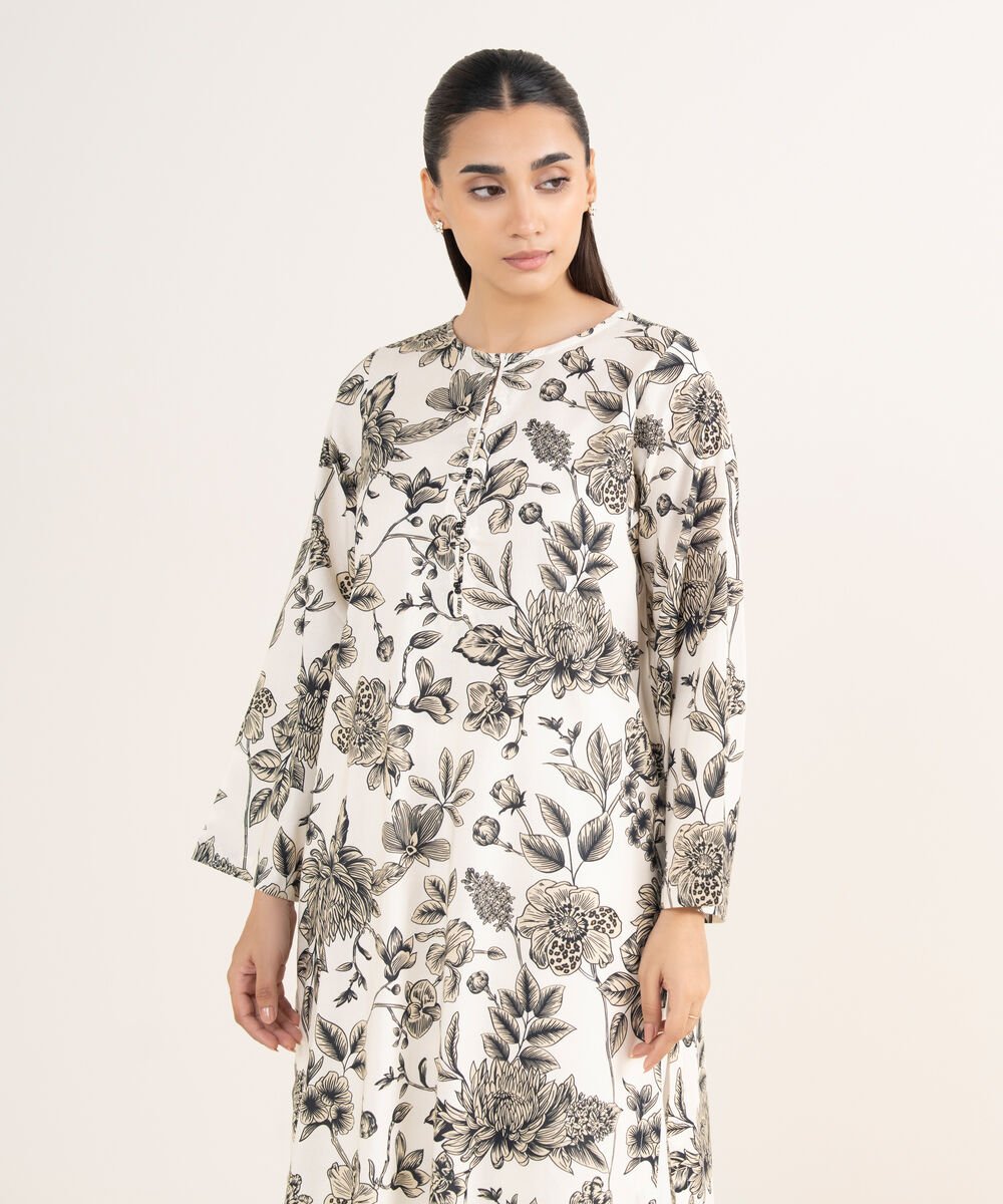 Women's RTW Viscose Lawn White Printed Straight Shirt