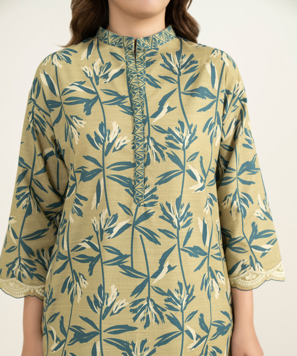 Women's Three Piece Beige and Blue Khaddar Embroidered Suit