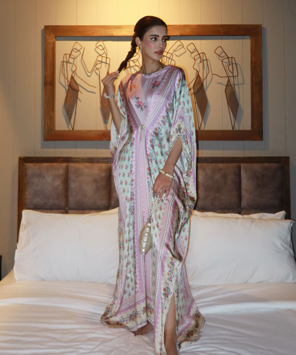 Women's RTW White Featheer Chamoz Printed Blue Kaftan