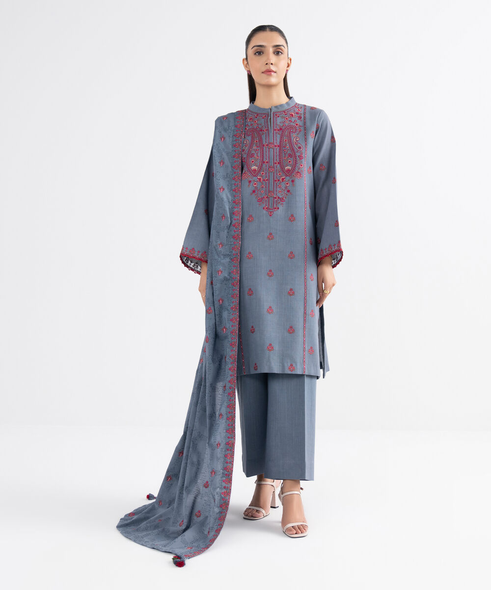 Women's Unstitched Cross Hatch Embroidered Grey 3 Piece Suit