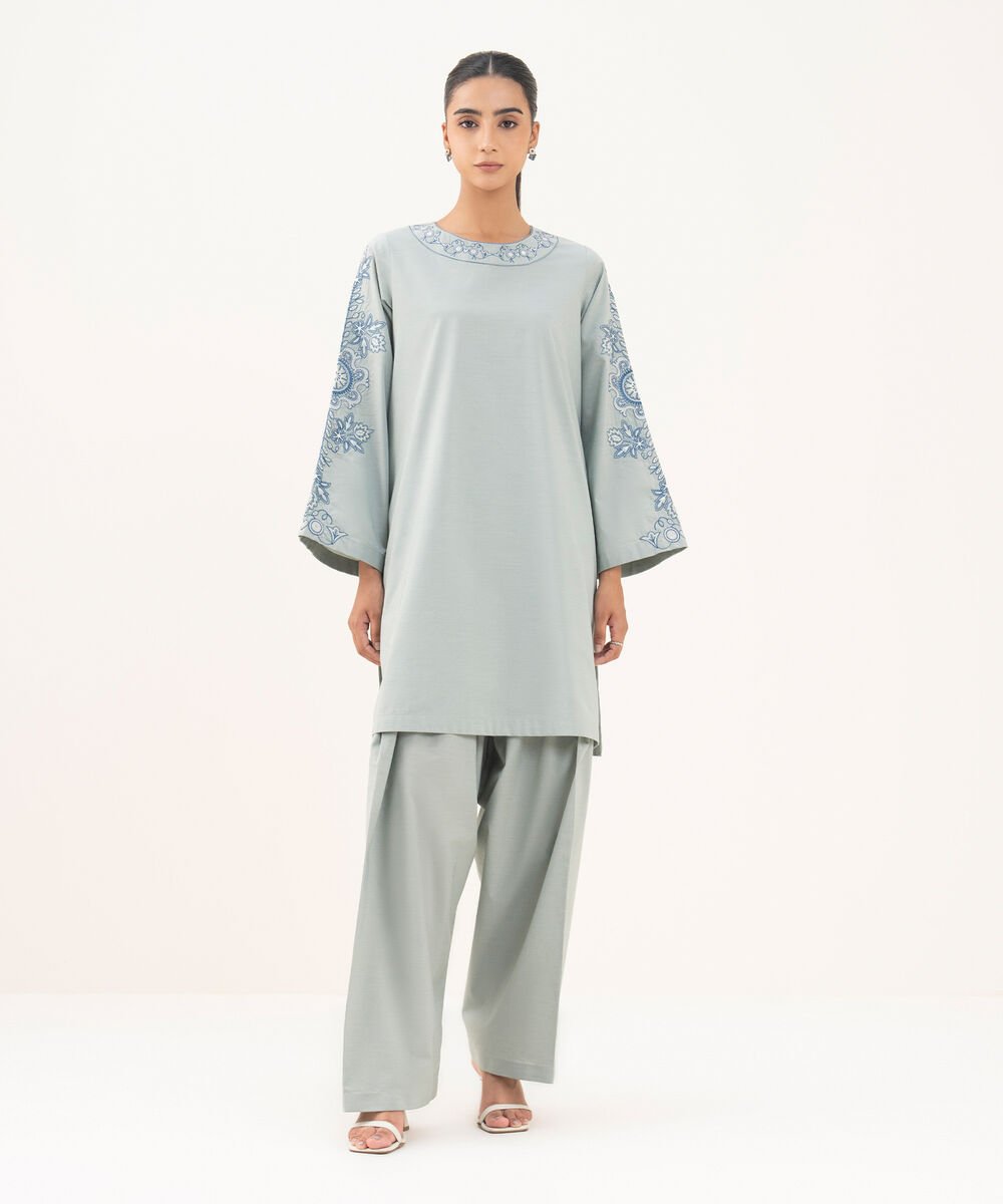 Women's RTW Textured Cotton Blue Embroidered A-Line Shirt