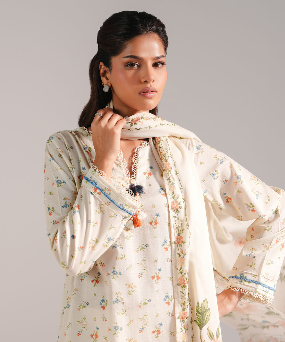 Women's RTW Dobby Printed Off White 2 Piece Suit