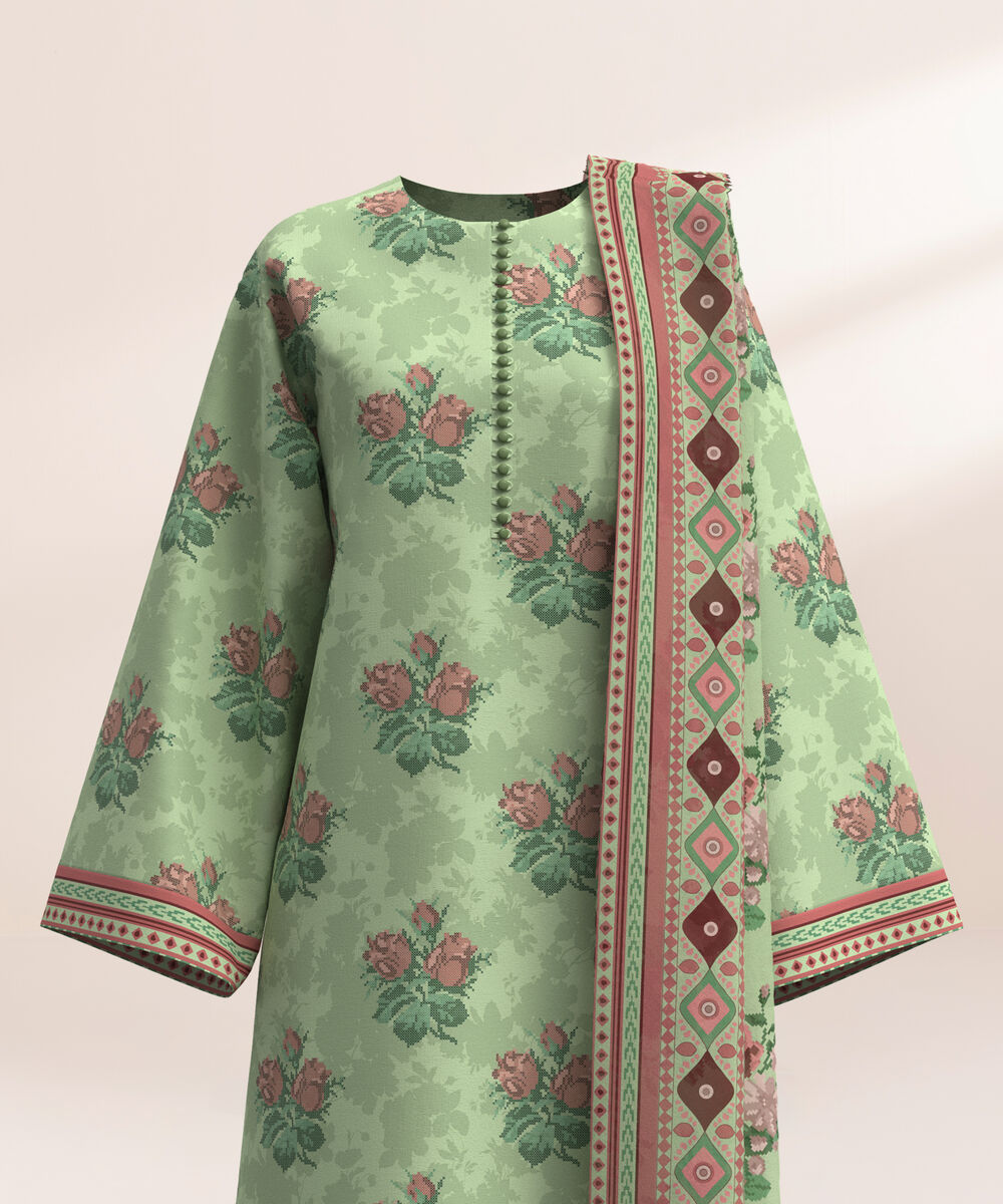 Women's Three Piece Printed Green Lawn Suit