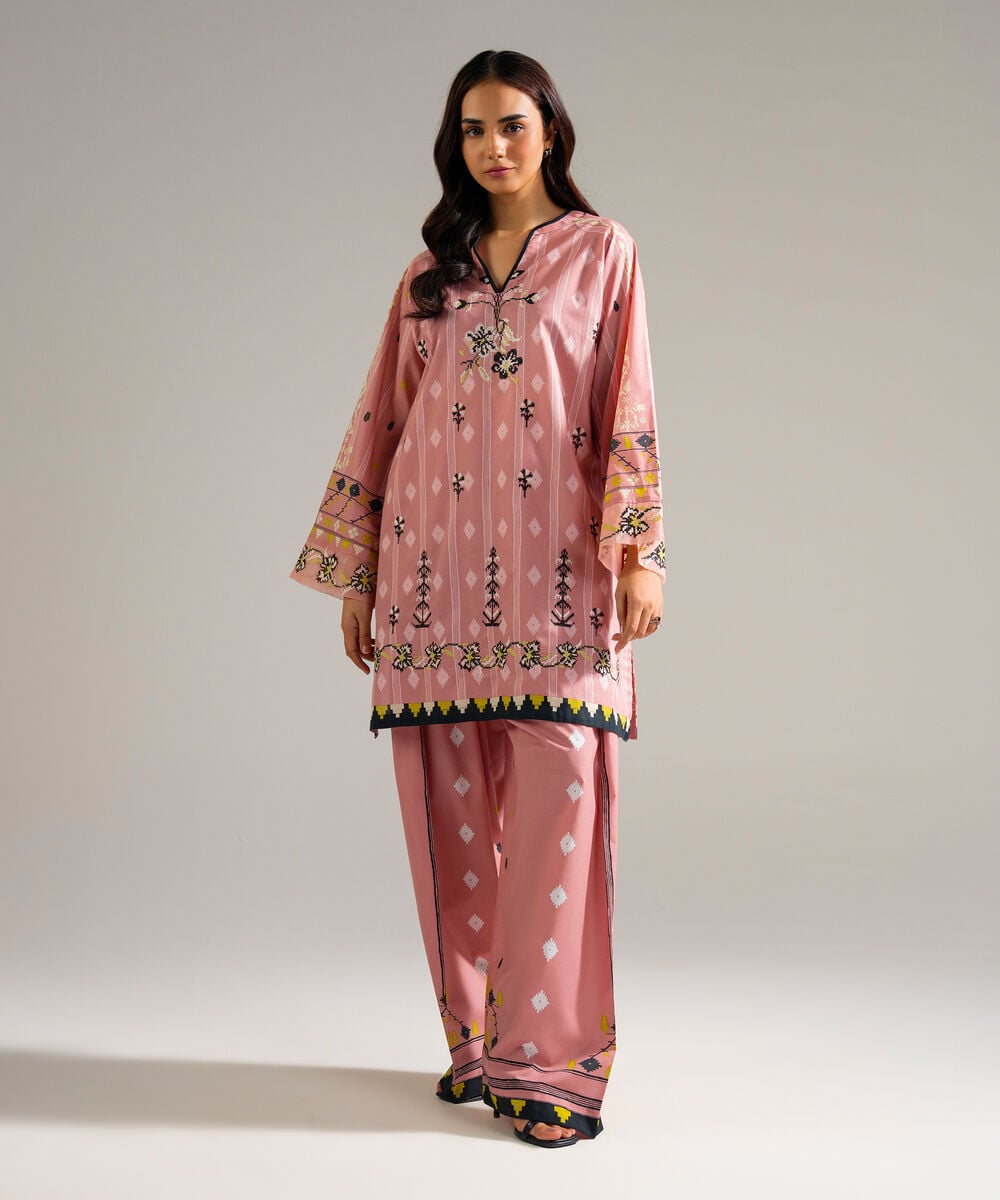 Women's RTW Lawn Embroidered Pink Straight Shirt