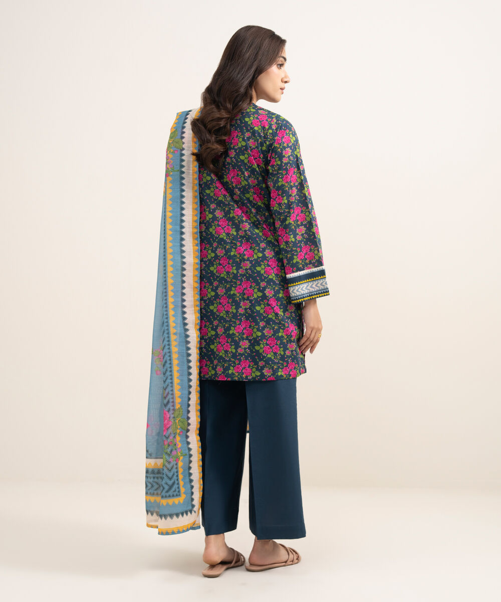 Women's RTW Slub Lawn Printed Dark Blue 3 Piece Suit