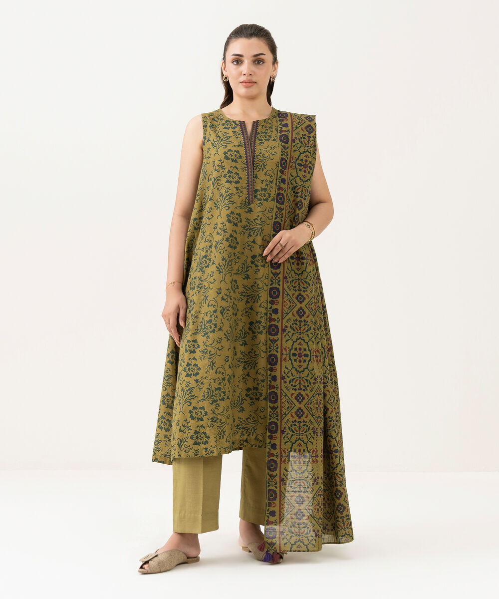 Women's Unstitched Light Khaddar Printed Brown 3 Piece Suit