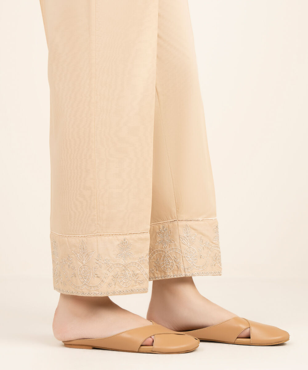Women's RTW Cambric Embroidered Off White Straight Pants