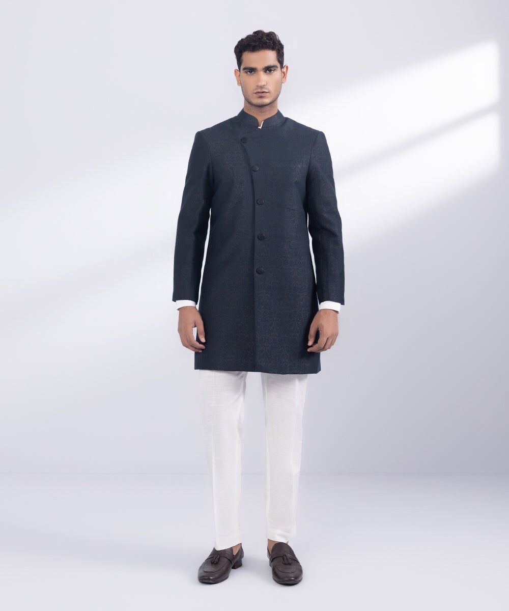 Jamawar Sherwani Men's Stitched Indigo Jamawar Karandi Sherwani
